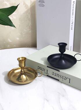 跨境美式铁艺复古铜色烛台枝形蜡烛盘居家装饰烛台手提托盘式摆件