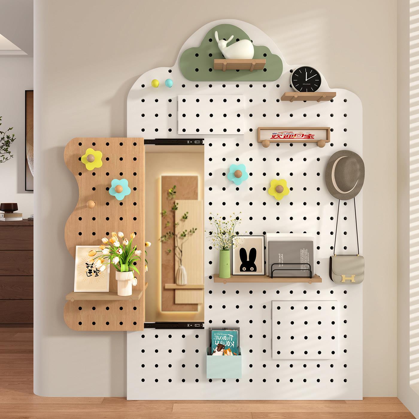 Solid wood hole board storage rack wall hanging storage rack custom entry entrance hole board dressing mirror sliding mirror integrated