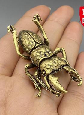 复古黄铜仿真甲虫桌面小摆件纯铜小动物夹夹虫茶宠实心昆虫小铜器