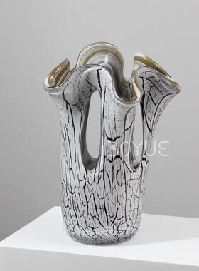 轻奢复古冰裂纹灰白色镂空琉璃花瓶样板房客厅酒店前台软装插花器