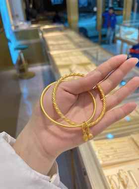 新款轻奢黄金色双环圆镯麻花莲蓬手镯时尚高级磨砂女婚嫁送礼