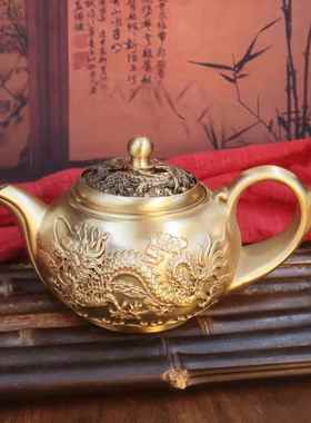 黄铜龙凤茶壶浮雕创意茶具家居办公会客茶几装饰桌面摆件铜工艺品