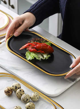 北欧风格轻奢高端大理石托盘北欧ins创意简约大理石纹陶瓷盘椭圆