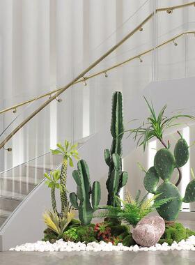 彷真绿色植物仙人掌造景大型植物盆栽室内景观橱窗玄关装饰楼梯下