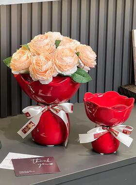 陶瓷手捧花花瓶摆件彷真桌面装饰假花客厅餐桌插花花束小众高级感