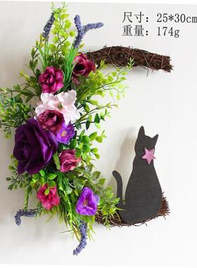 Halloween Moon Cat garland door hanging rattan ring decorati
