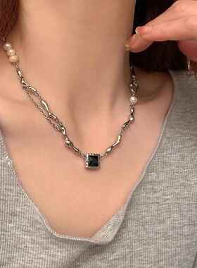 钛钢不掉色锁骨链巴洛克珍珠黑锆石项链女ins冷淡风辣妹配饰颈链
