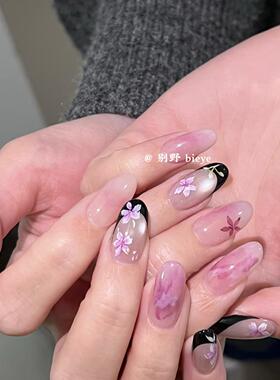 Lili百合香｜谭燕玉风美甲黑色法式水彩花卉晕染纯手工穿戴甲片