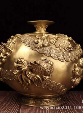 纯铜金玉满堂花瓶工艺品摆件花开富贵年年有余金鱼花瓶工艺品摆设