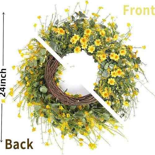 春夏季小黄雏菊藤圈花环 仿真白花尤加利藤条家居装饰婚礼门壁挂 - 图0