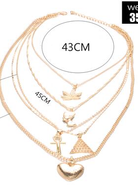 跨境热卖欧美夸张枫叶埃及法老艳后金字塔锁骨链爱心吊坠多层项链