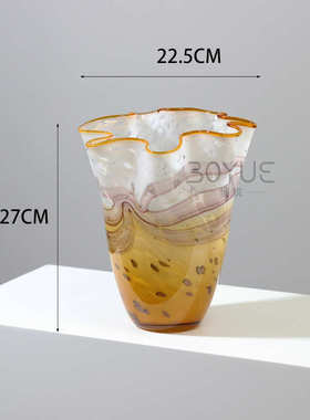 不规则琉璃琥珀褶皱中渐变口花瓣大口花瓶径装摆件橘古风重工花软