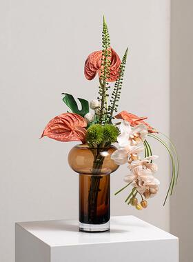 风中古花瓶高级感咖色艺术玻璃摆件客厅花艺装饰品仿真花艺