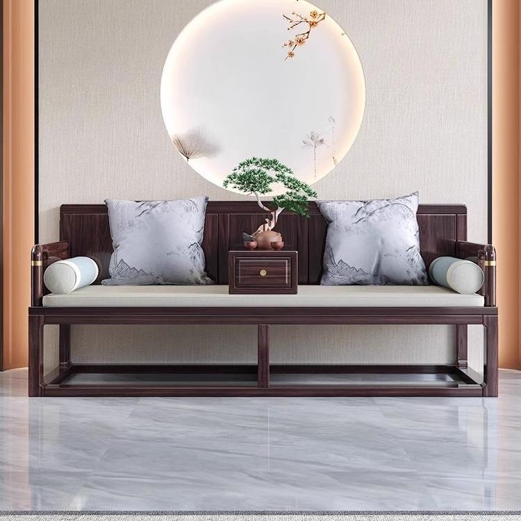 乌金木新中式全实木罗汉床大小户型客厅贵妃躺椅沙发组合推拉床榻 - 图0