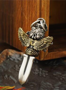 2026钛银国风潮流藏传文玩配饰普巴金刚橛吊坠项链三头六臂金刚杵