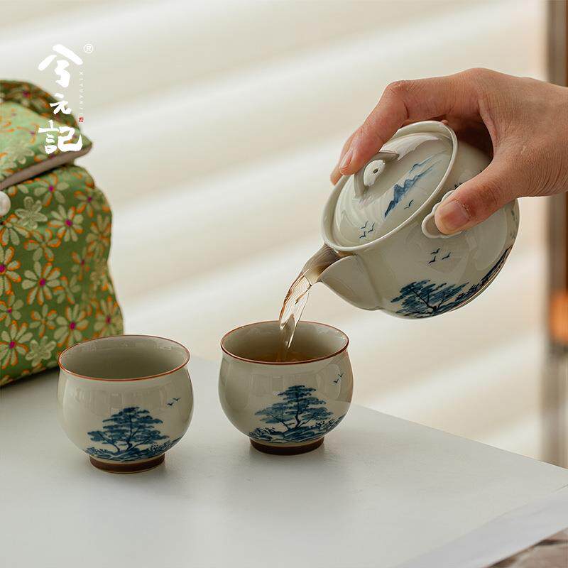 Hand-painted landscape travel tea set portable outdoor tea brewing one pot and two cups ceramic quick cup gift