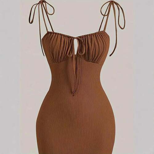 Womens Plain Ruched Tie Front Cami Dress Elegant Sleeveless - 图2