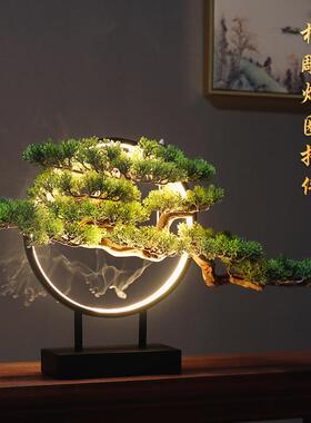 新中式仿真迎客松盆景饰品摆件客厅玄关酒店软装灯圈木质产品木艺