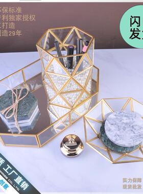 新款直销大六角圆柱化妆桌面笔刷桶玻璃透明收纳盒欧式防尘美妆整