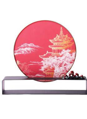 新中式现代金属亚克力阁楼亭台红色摆件别墅售楼处样板房家居摆件