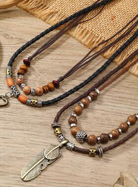 欧美西部牛仔风项炼覆古蝴蝶合金多层木珠打结可抽拉手工编织饰品