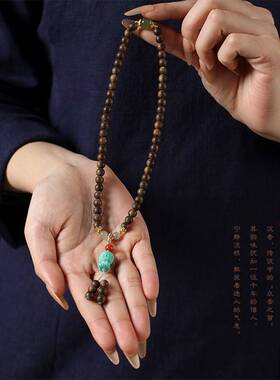 绿奇楠沉香佛珠双圈手串菱镁矿度母文玩木质国风手链男女手饰