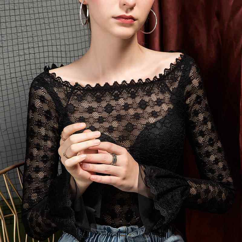 秋季新款一字领露肩蕾丝打底衫女修身喇叭袖洋气长袖欧货小衫,淘宝优惠券,粉丝福利购,淘宝优惠卷