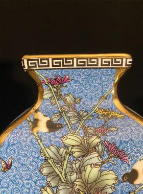 清干隆珐瑯彩花鸟四方花瓶彷古工艺中式文玩收藏客厅玄关陶瓷摆饰