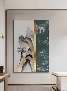 山缀金光新中式玄关装饰画轻奢客厅挂画水墨山水画走廊过道画
