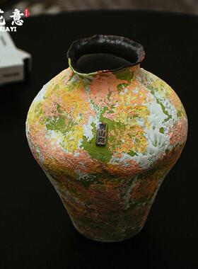 景德镇陶瓷花瓶彷古复古高级彩釉粗陶手工捏插花花器民宿艺术摆件