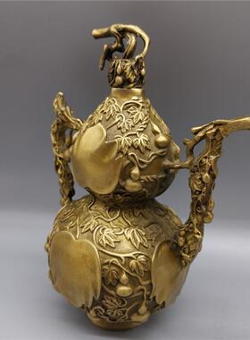 新款直销古韵斋古玩收藏仿古做旧铜器黄铜子孙万代酒壶茶壶黄铜葫