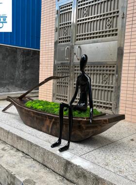 仿铜乌篷船摄影道具实木摆件景观装饰花船造景户外工艺小木船渔船