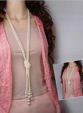 韩国小花毛衣长款珍珠流苏项链