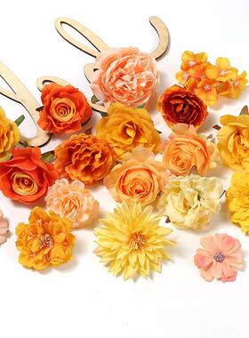 黄色系仿真花朵花束 diy手工材料婚庆装饰 玫瑰牡丹绣球假花绢花