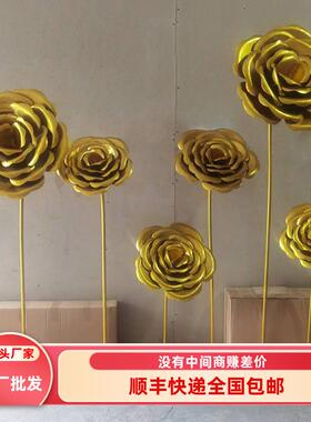 园林景观装饰摆件铁艺真玫瑰花户外新款庭院金色花艺花朵美陈标准