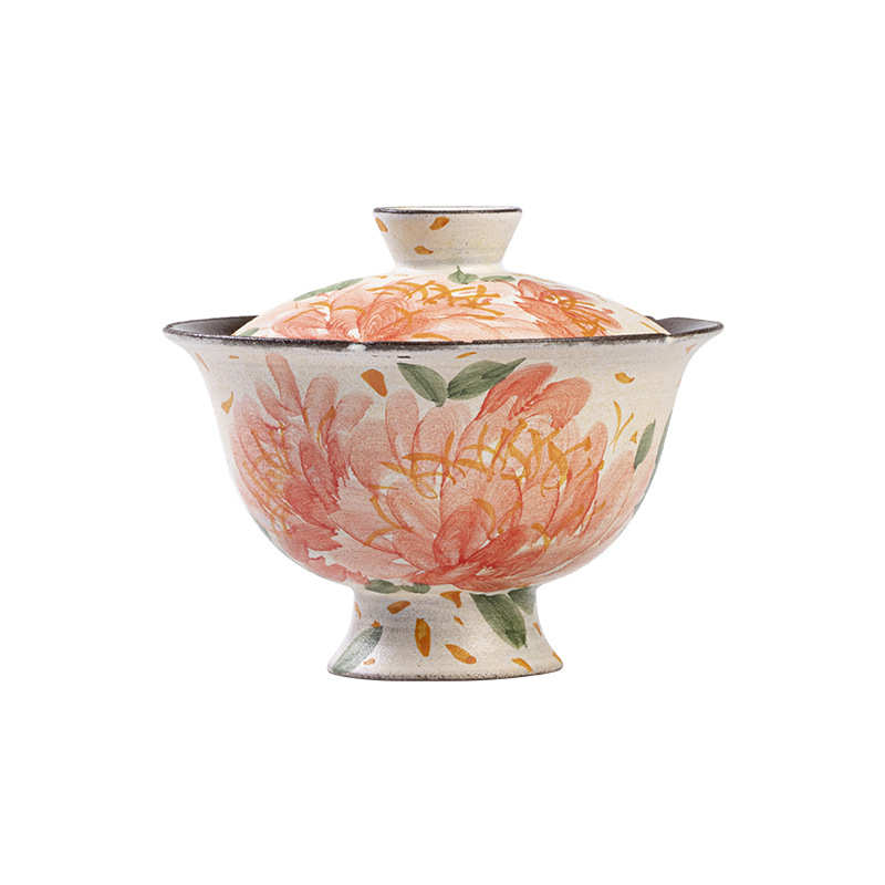 弥言诧寂风粉引手绘牡丹盖碗手工粗陶花口泡茶碗复古高足功夫茶具 - 图0