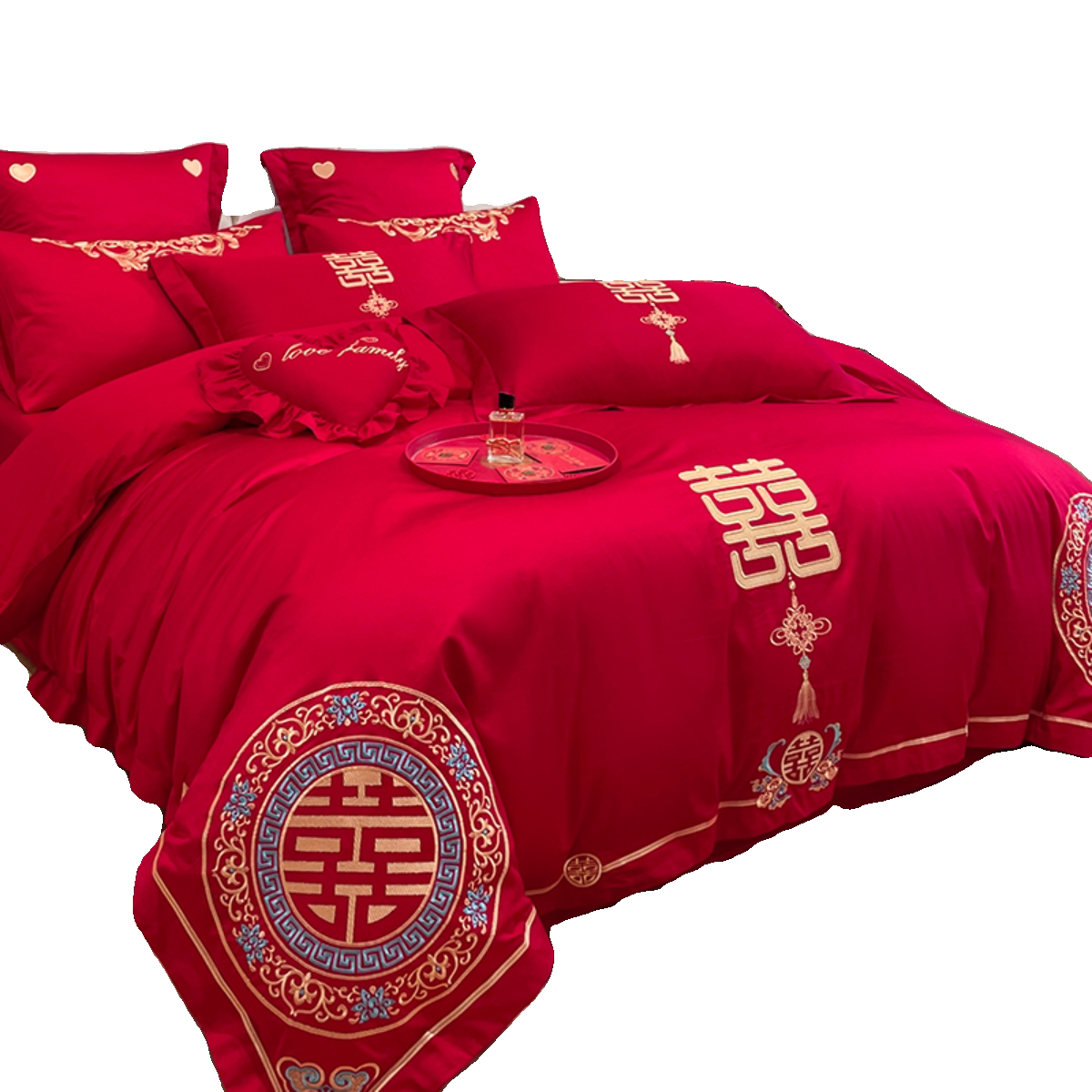 新中式高档大红色婚庆四件套纯棉全棉被套喜字结婚用陪嫁床上用品,淘宝优惠券,粉丝福利购,淘宝优惠卷