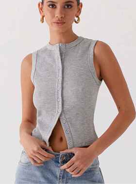 Women's Solid Button Vest Crop Tank Top, Casual Sleeveless C