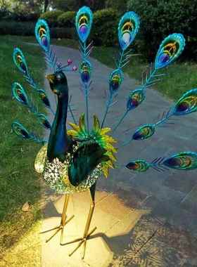 室外造景道具装饰太阳能灯闪烁花园户外铁艺动物摆件雕塑孔雀开屏