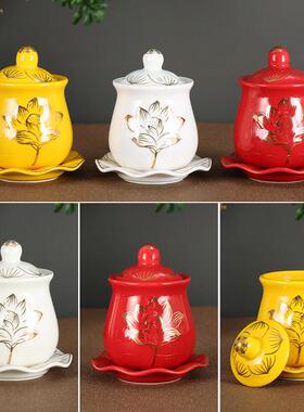 佛具用品陶瓷描金莲花杯供水杯净水杯观音供水三连杯佛前圣水杯