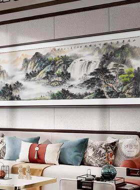 国画手绘真迹中式客厅挂画办公室装饰画西墙聚财山水画靠山图壁画