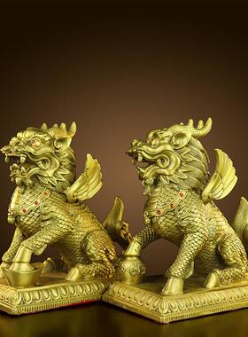 铜麒麟摆件一对纯黄铜招财麒麟客厅店铺办公室家居饰品开业送礼品