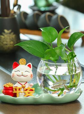 招财猫居饰摆件水培插花器家花猫瓶客厅办公桌工位装饰咪品小鱼缸