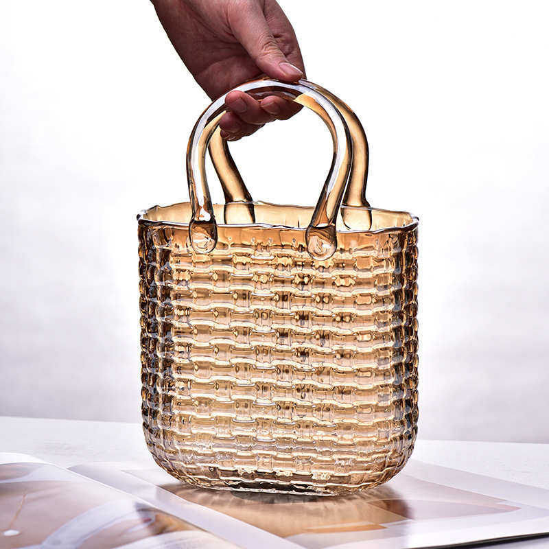 轻奢简约藤编包包玻璃花瓶气泡手提蓝客厅餐桌插花干花水培装饰品,淘宝优惠券,粉丝福利购,淘宝优惠卷