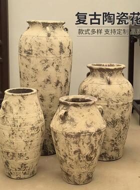 景德镇中式复古落地大花插干花砂白三耳锥形粗陶花盆种树摆件