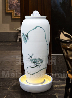 中式水墨荷花流水大花瓶循环水景陶罐冒水缸摆件景德镇陶瓷加湿器