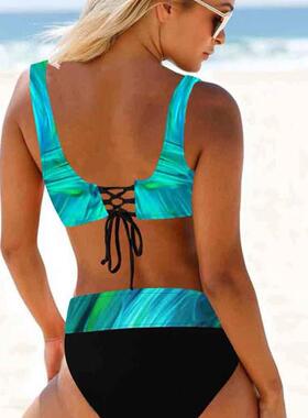 Women'S 2Pcs Star & Flag Print Lace Up Wrap Bikini Set,