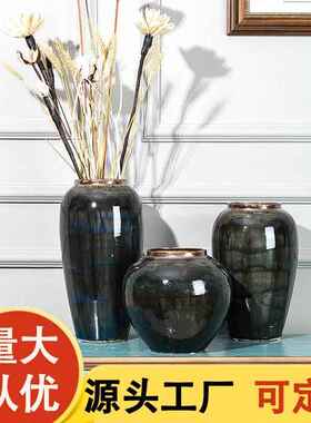 景德镇陶瓷简约黑色陶瓷花瓶摆件办公室家居装饰品工艺品