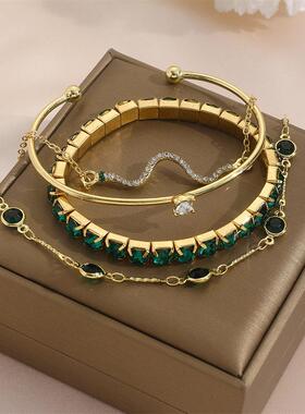 跨境欧美时尚绿祖母钻石弹力手镯女4件套高级感灵蛇手炼金属手饰