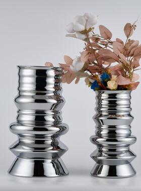 极简现代轻奢银色玻璃层叠花器客厅餐桌花瓶样板房售楼处饰品摆件